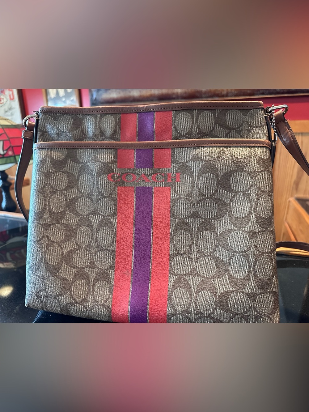 COACH Signature Crossbody with Orange & Purple Stripe